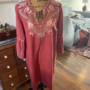 Johnny Was Red Floral Embroidered Long Sleeve Dress